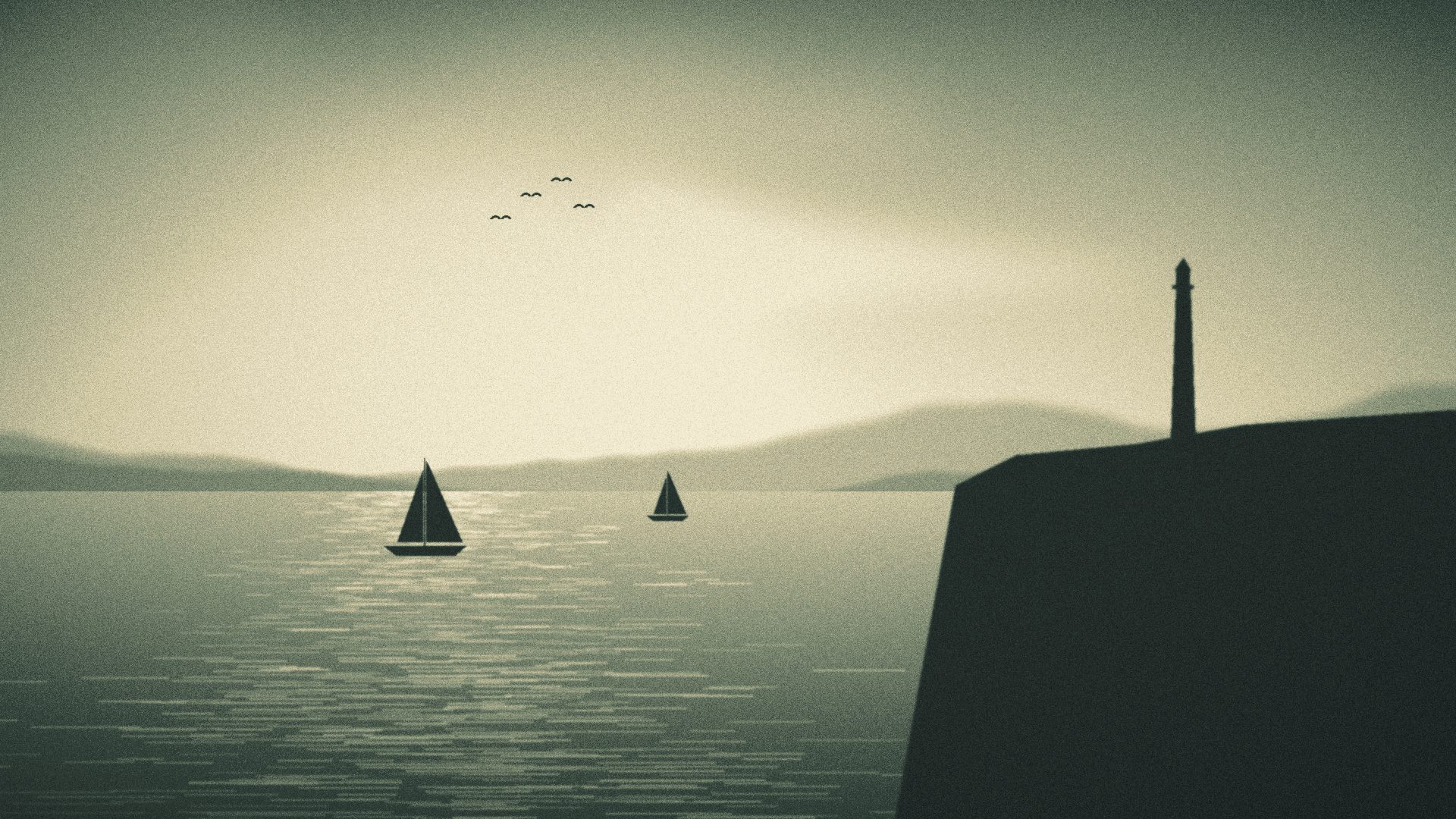 Gravure sépia d'une côte au soleil couchant : un phare sur un promontoire et deux voiliers sur la mer