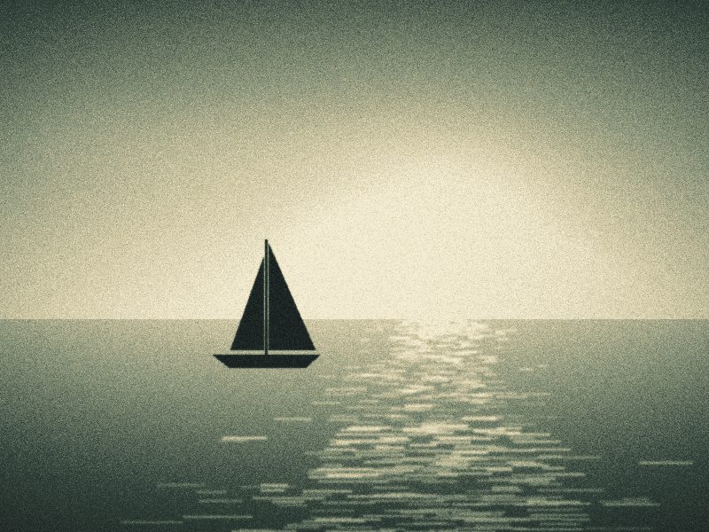 Voilier sur une mer calme, soleil bas au-dessus de l'horizon