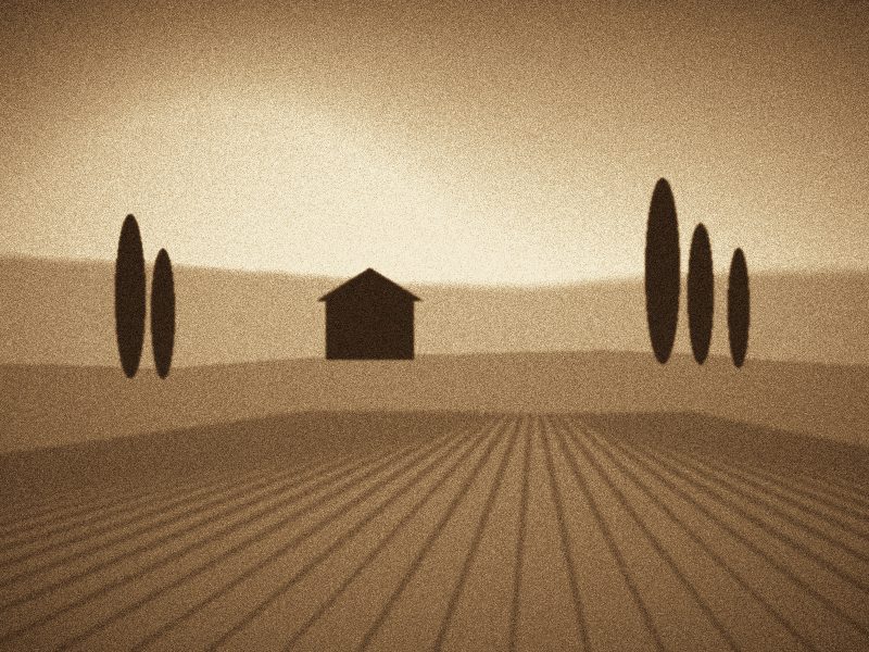Collines cultivées bordées de cyprès et une ferme isolée sous un ciel doré
